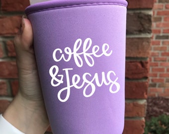 Coffee & Jesus Coffee Sleeve, Christian Gifts for Her, 22-24 Ounces, Insulated Holder for Cold Drinks, Iced Coffee, For Medium Sized Cups