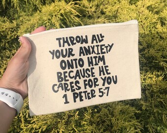 1 Peter 5:7 Canvas Zipper Pouch Bag, Christian Pencil Case, Bible Journaling Pouch, Bible Verse Gifts, Anxiety Sticker