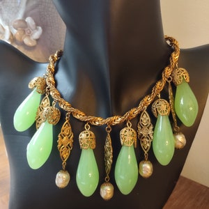 Miriam Haskell Signed Glass Green Drops  & Faux Baroque Pearl Necklace