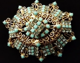 Hobe Faux Turquoise & Rhinestone Brooch