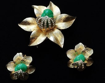 Vintage Faux Jade Brooch & Earrings