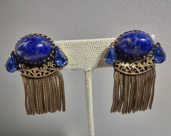 Antique Foxtail and Faux Lapis Lazuli Cabochon Earrings