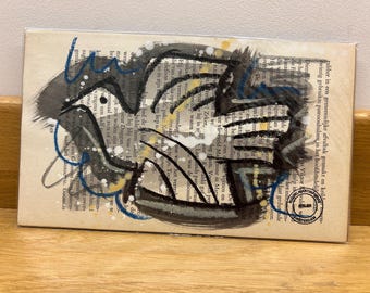 Dove in blue paint and oil-crayon. Pigeon handmade.