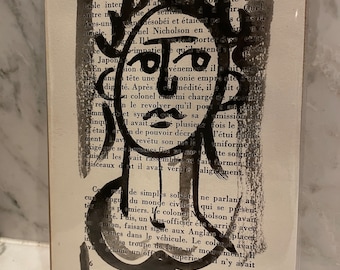 Gouache sur papier de livre ancien, portrait peint à la main, œuvre originale unique