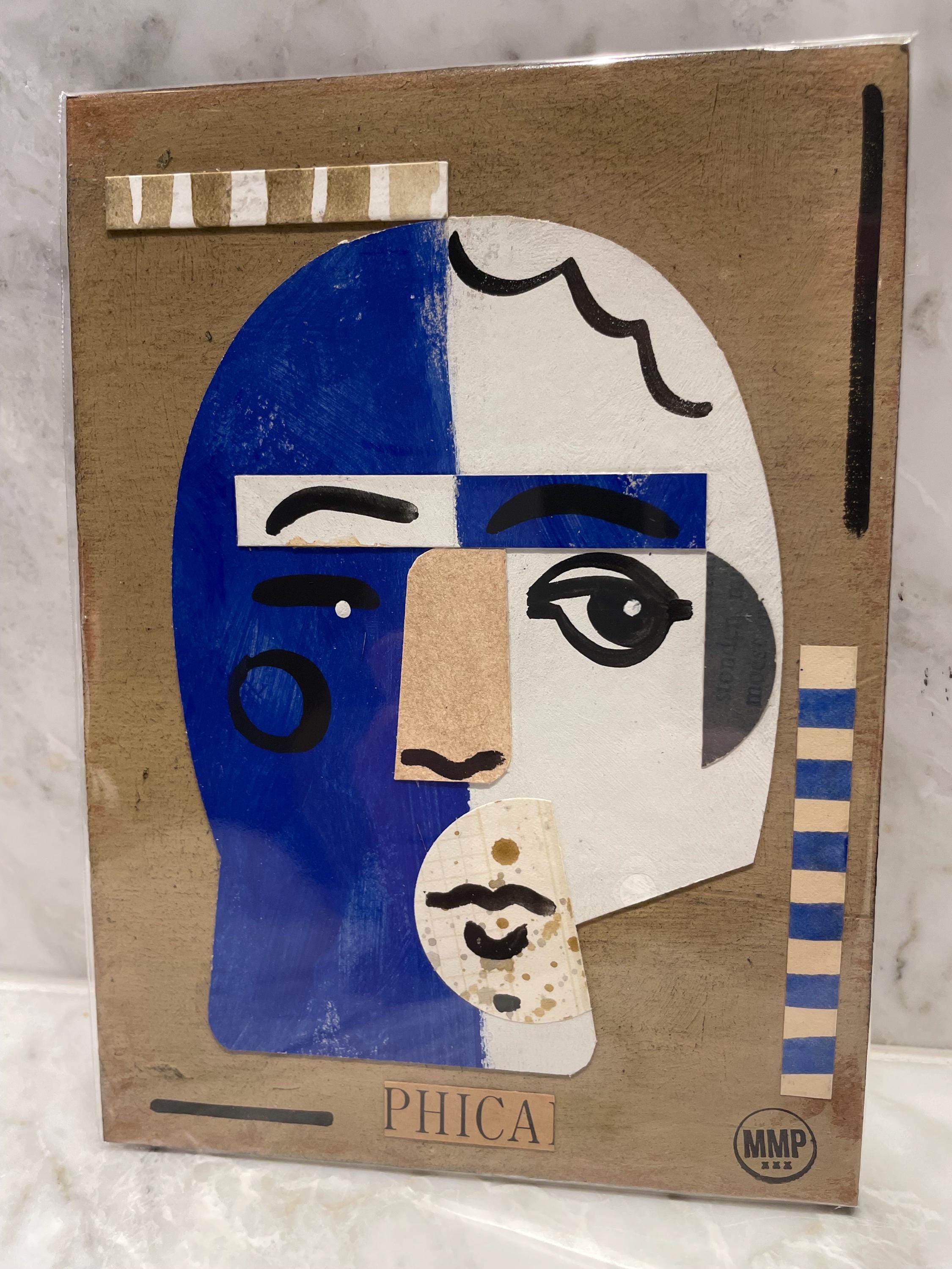 Original artwork, 'face in blue' collage midcentury, modernist suprematism. Amsterdam. Vintage style painting.