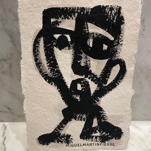 Guazzo su carta fatta a mano, esclusivo disegno moderno in bianco e nero, ritratto folle, originale brutalista fatto a mano.
