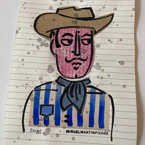 Collage de vaquero y gouache, obra original.  Obra de arte hecha a mano para habitación infantil. Estilo campestre.