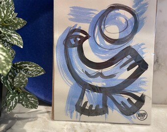 May include: A blue and black abstract painting of a bird with a circle around its head. The painting is on a white background and has a brown border. The artist's initials "MMP" are in the bottom right corner.