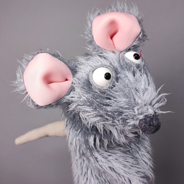 Gray mouse muppet style puppet | hand puppet | cute rat | speech therapy assistant