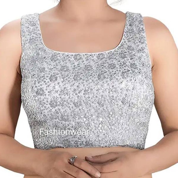Beautiful Sleevles silver sequin Blouse, lahnga chole,silver sequin Saree Blouse