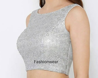 Beautiful Sleevles silver sequin Blouse, lahnga chole,silver sequin Saree Blouse