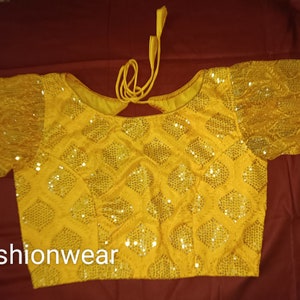 Beautiful yellow colour saree blouse,fancy design with sequin blouse,puff sleeve blouse