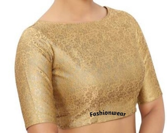 Camicetta da donna in seta dorata Chanderi con maniche lunghe al gomito e senza imbottitura, fatta a mano, con scollo a barca, camicetta in sari indiano, camicetta in sari, camicetta da donna.