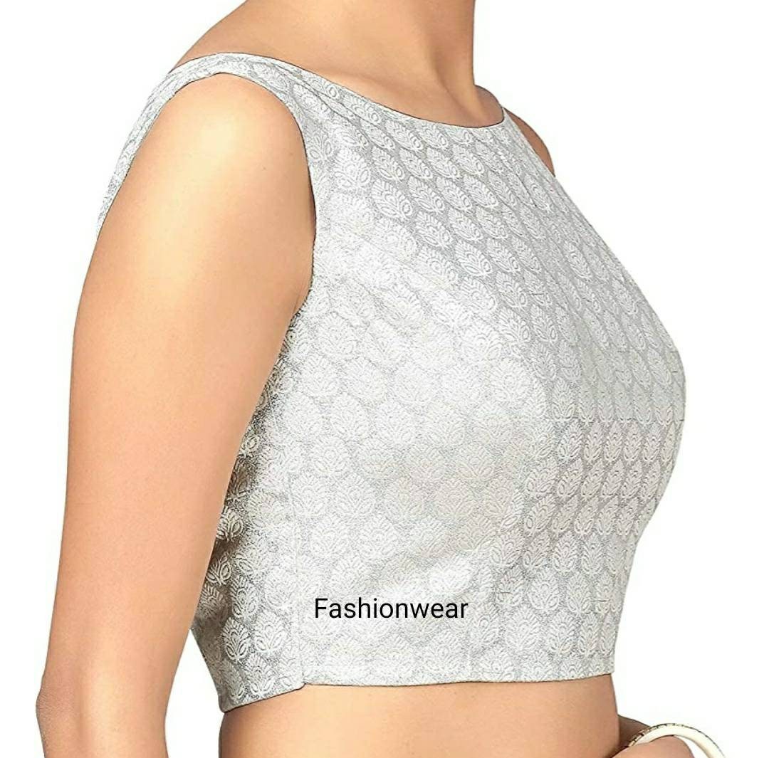 silver sleeveless saree blouse
