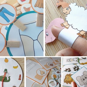 May include: A set of educational games for children featuring colorful illustrations of animals, clothing, and food. The games include a matching game, a finger puppet game, and a spinner game.