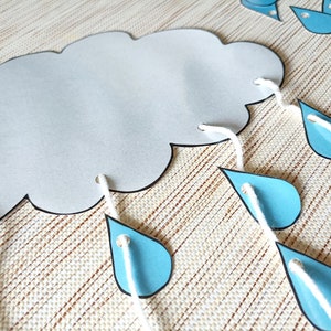 Könnte beinhalten: Eine weiße Papierwolke mit schwarzen Umrissen und gelochten Löchern an den Rändern. Weißes Garn ist durch die Löcher gefädelt und an blauen Papierregentropfen mit schwarzen Umrissen befestigt.