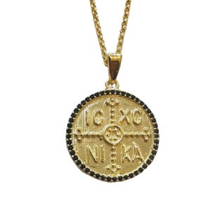 Gold plated silver 925 double sided Ancient Greek Byzantine Saint Constantine and Saint Helen Coin Medallion Necklace blacks stones