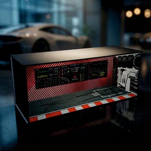 May include: A detailed miniature garage diorama with a red and black carbon fibre wall, digital displays, and tools. The diorama features a race track design with red and white stripes. A white sports car is blurred in the background.
