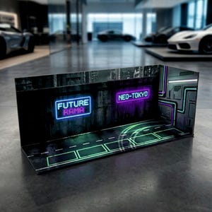 Neo-Tokyo Cyberpunk Diorama Garage – 1/64 Scale LED Display Case (12 inch)