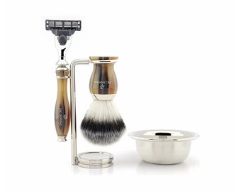 Perfect handmade shaving set with compatible 3-edge razor, synthetic hair brush, shaving bowl and stand