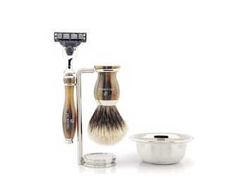 Luxury quality shaving set, 3 edge razor, silver tip hair shaving brush, dual shaving stand and bowl. Best gift idea