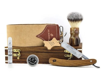 Handmade vintage shaving set, straight razor, synthetic silver tip shaving brush and wooden box. Best gift idea for men