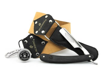 Handmade 3-piece straight razor set, straight cut throat razor, double-sided leather strop, strop past