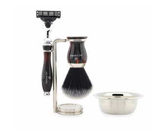 Shaving set with wine red handle, compatible 3-edge razor, black synthetic hair brush, bowl and stand as a gift set