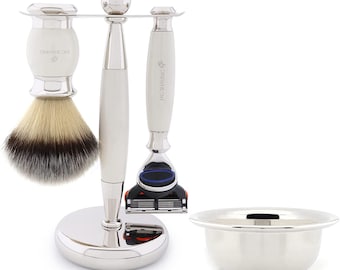 Men's Shaving Set, 5 Edge Razor, Synthetic Silver Tip Hairbrush, Dual Shaving Stand and Shaving Bowl Gift Set