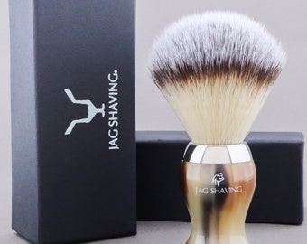 Shaving brush made of synthetic hair with silver tip and handle made of brown imitation horn, shaving foam brush – the best gift idea
