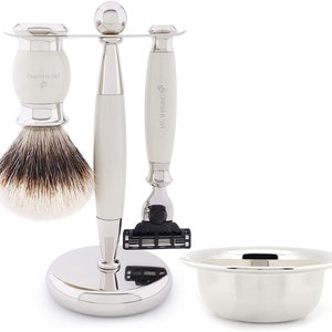 High quality shaving set with 3 edge razor, silver tip hair shaving brush, dual shaving stand and bowl, perfect gift set