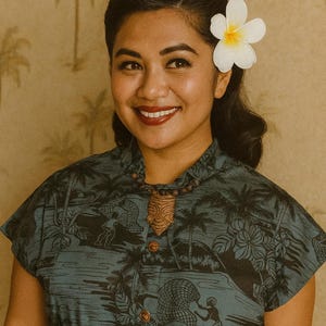 Vintage Style Pake Tea Timer Blouse in Blue Hawaiian Print cotton, Size Medium Button Front Tiki Island Scene Shirt