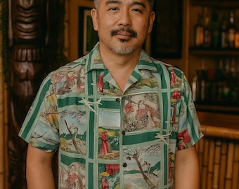 Chemise en rayonne Aloha faite main - Style japonais rétro des années 40, chemise hawaïenne en rayonne Aloha imprimé touristique hawaïen rétro, taille homme grande