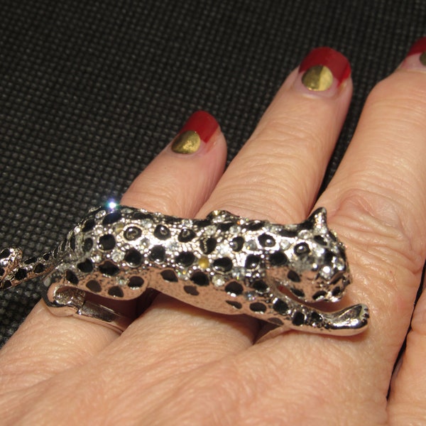 Spotted Leopard Ring, Knuckle Duster Ring Size 7.5 Painted Black Spots on Silvertone metal