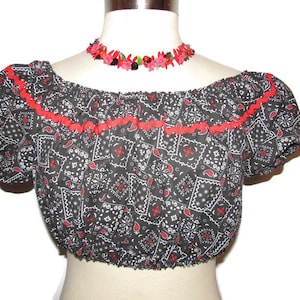 Rockabilly Top,Black Bandanna Print  Red Rick Rack,  Womens Size Small to 2XL, 100% Cotton, Made in Florida,Cropped Pin Up Top