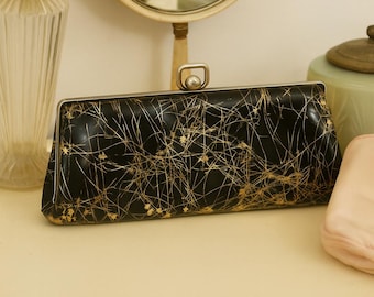 Vintage 1950s Black & Gold Vinyl Eyeglass Case – Retro Starry Design with Ball Snap Clasp