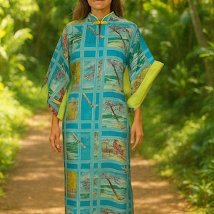 ハンドメイドのパケ・ムウ・ドレス | ヴィンテージハワイアンパターン | シルキーレーヨン | レディースサイズ ミディアムバスト 40インチ、イエローアジアンフロッグ留め