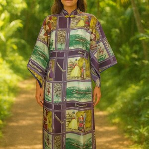 美しいハワイアンパケムードレス - ヴィンテージハワイアンパターン - レディースLサイズ - バスト42、シルキーレーヨン - ハンドメイド、アジアンフロッグ留め