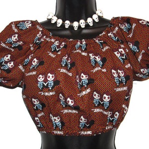 Come Play With Us, Twins from The Shining Print, Rockabilly Cropped Peasant Top, 100% Cotton, Pin Up Top, Halloween Top Size Small