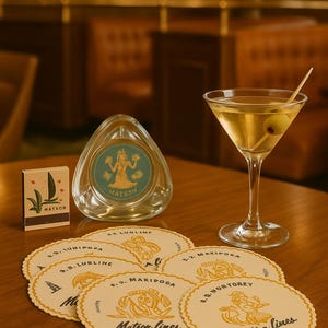 Vintage Matson Lines Cruise Ship Set – 1950s Glass Ashtray, Coasters & Matchbook from S.S. Lurline and S.S. Mariposa