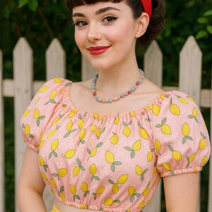 Pink Lemon Print Peasant Crop Top – Handmade Puff Sleeve Cotton Blouse – Cottagecore Fruit Top – Summer Retro Style – Size Medium