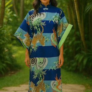 美しいハワイアンパケムードレス、コウモリの羽根があしらわれたティキドレス（レディースMサイズ）、シルキーレーヨンハンドメイド、ティキピンアップトップ、アジアンフロッグクロージャー