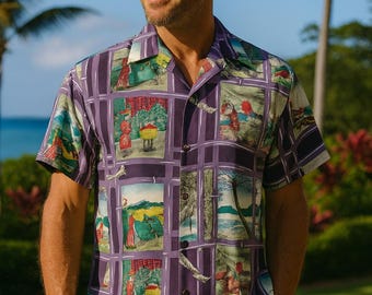 Chemise en rayonne Aloha faite main - Style japonais rétro des années 40, chemise hawaïenne en rayonne Aloha imprimé touristique hawaïen rétro, taille homme Medium