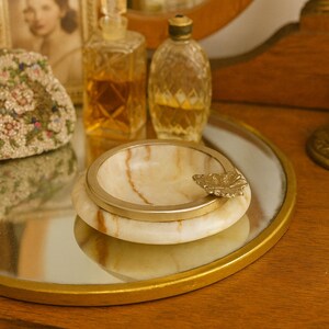 Vintage Italian Alabaster Ashtray with Brass Leaf Rest – Mid-Century Marble Stone Dish or Trinket Bowl