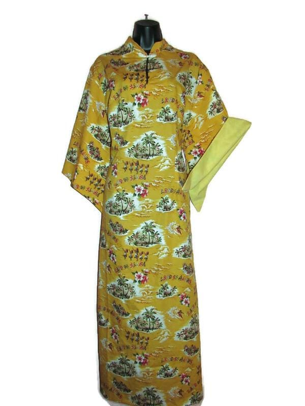 Beautiful Hawaiian Pake Muu Dress, Yellow Aloha Scenic Print