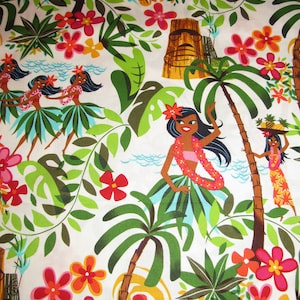 May include: White fabric with a tropical print featuring hula dancers, palm trees, flowers, and tiki statues. The print is in shades of green, pink, red, and blue.