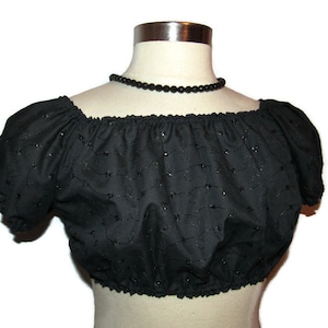 Rockabilly Top, Sweet Black Eyelet Peasant Top  Womens Size Large, Cropped Pin Up Top