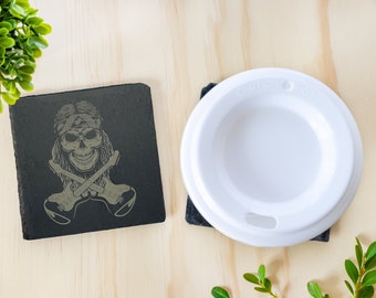 Rock and Roll Skull with Crossed Electric Guitars Laser-engraved Slate Coasters - Set of Four