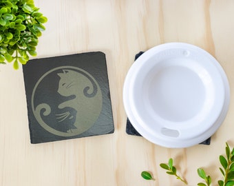 Cat Ying and Yang Laser-engraved Slate Coasters - Set of Four