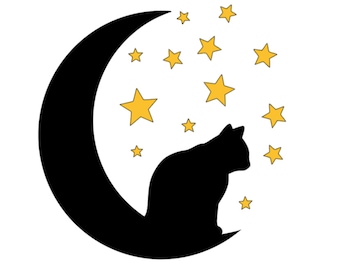 May include: A black silhouette of a cat sitting on a crescent moon with yellow stars around it.